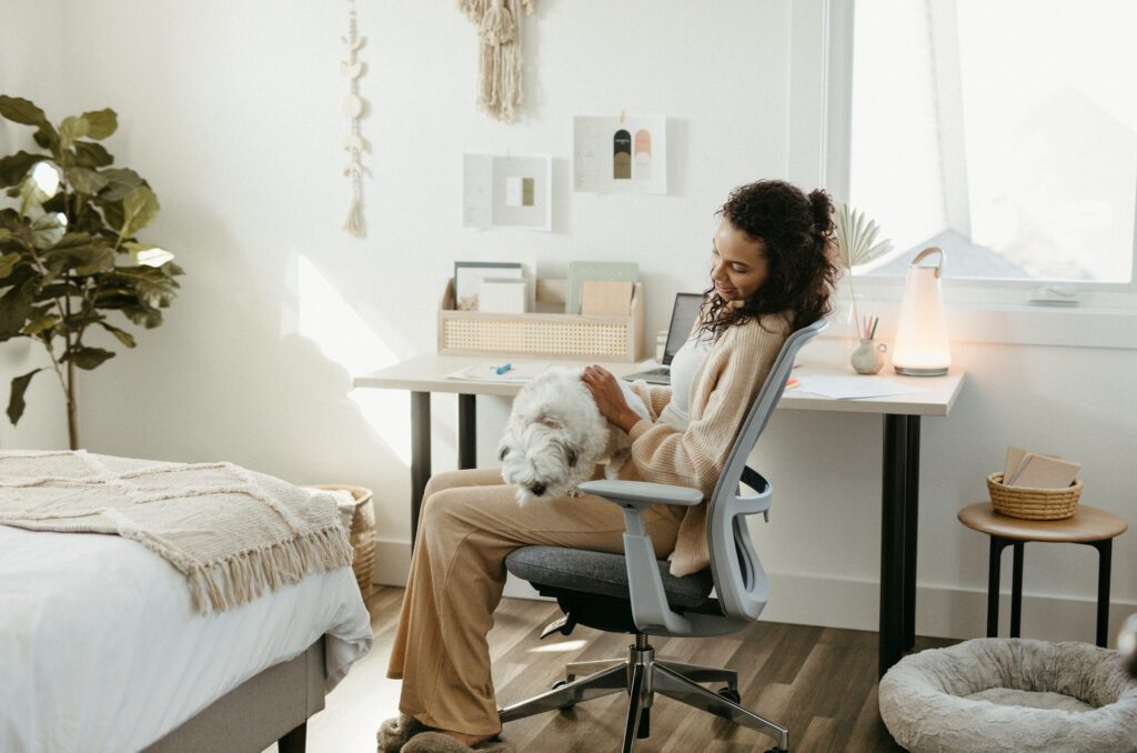 Home office with Jive Desk and Soji task chair featuring Openest Sprig and Uma light